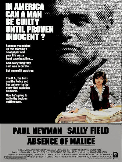 Absence of Malice Movie Poster - Paul Newman Sally Field Classic Movie Poster | Film Wall Art Print